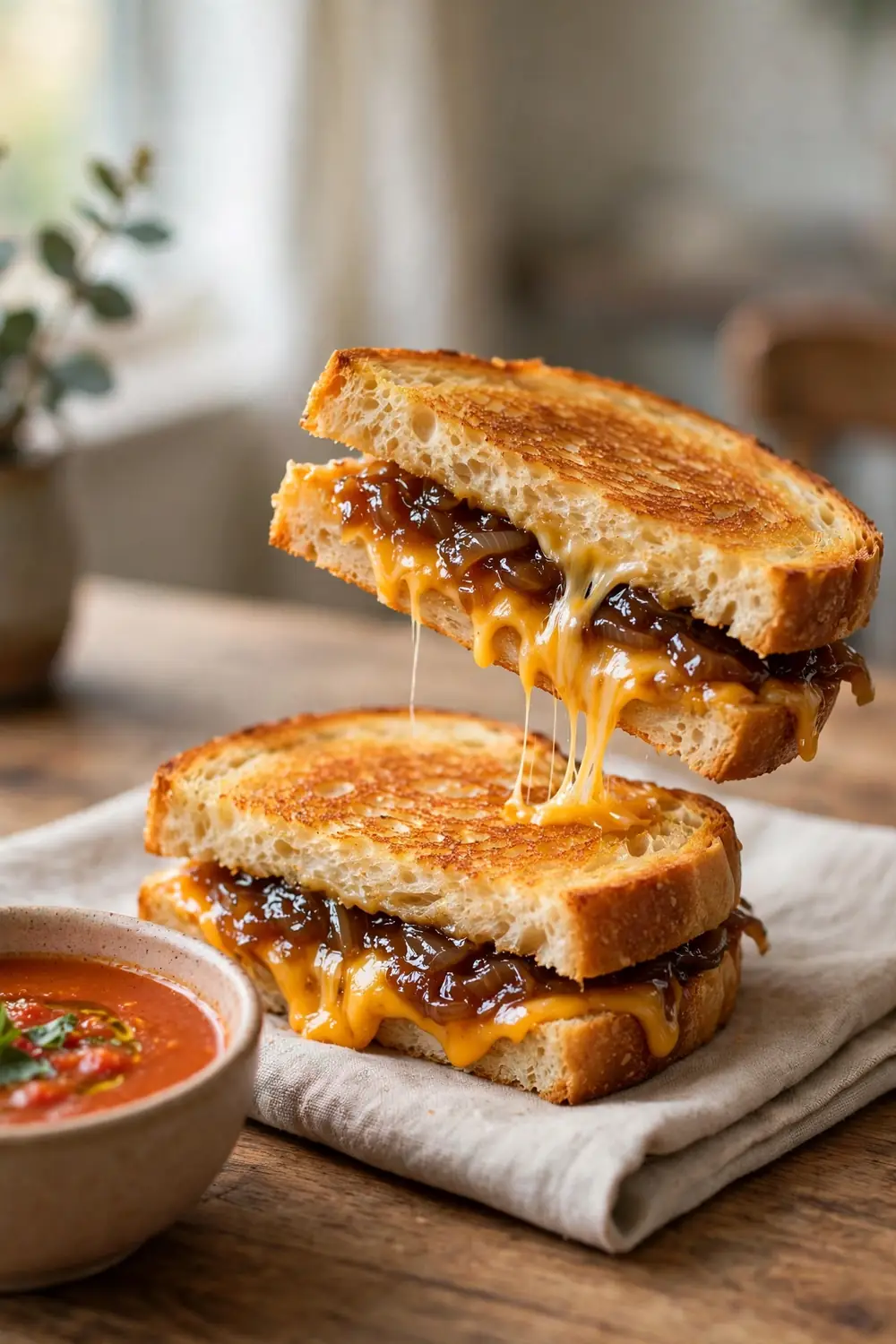 Grilled cheese sandwich with melted cheddar and onion jam layers