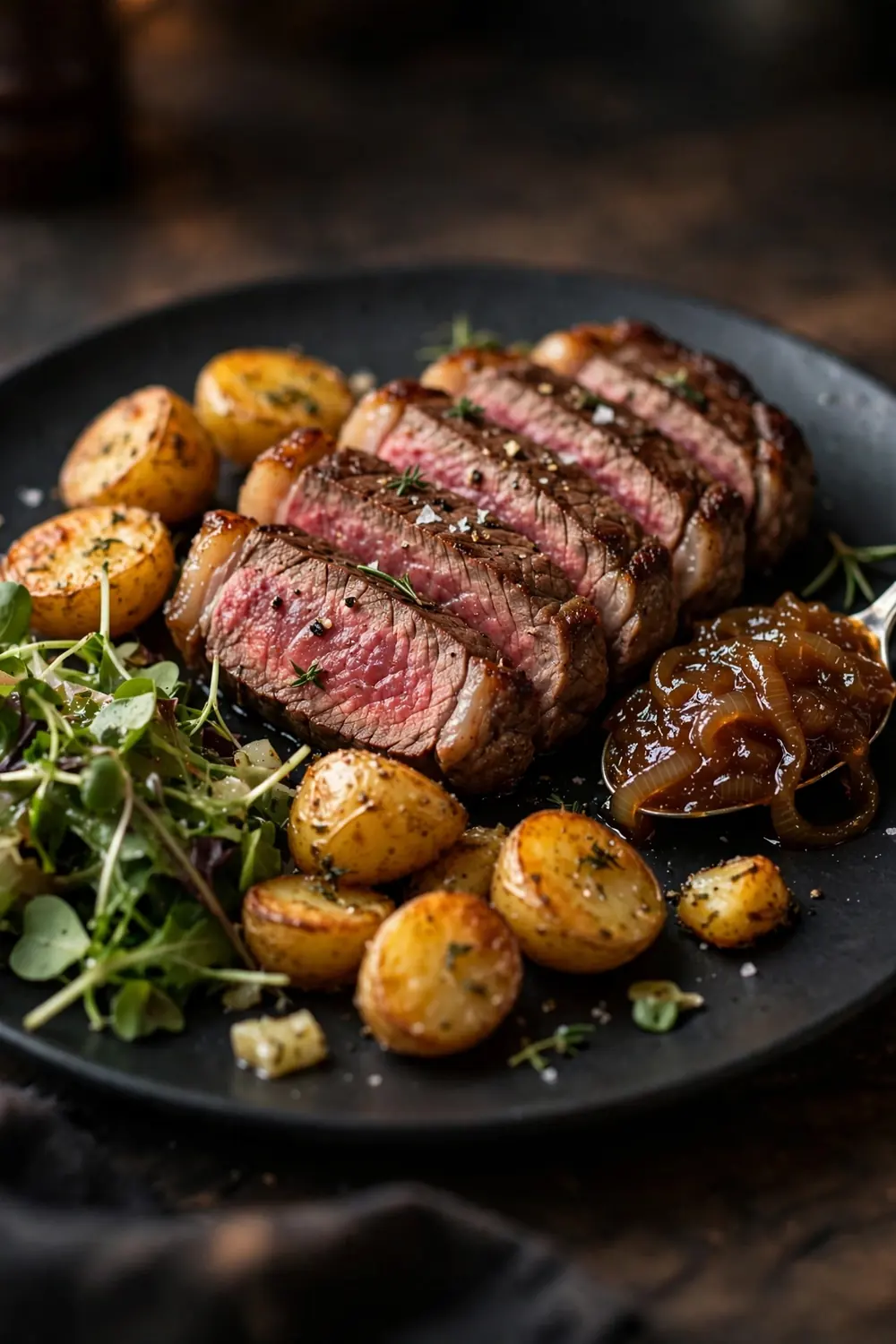 Sliced steak with a spoonful of glossy onion jam on the side
