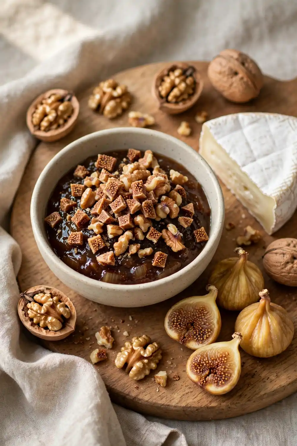 Onion jam with figs and walnuts in a bowl beside brie cheese