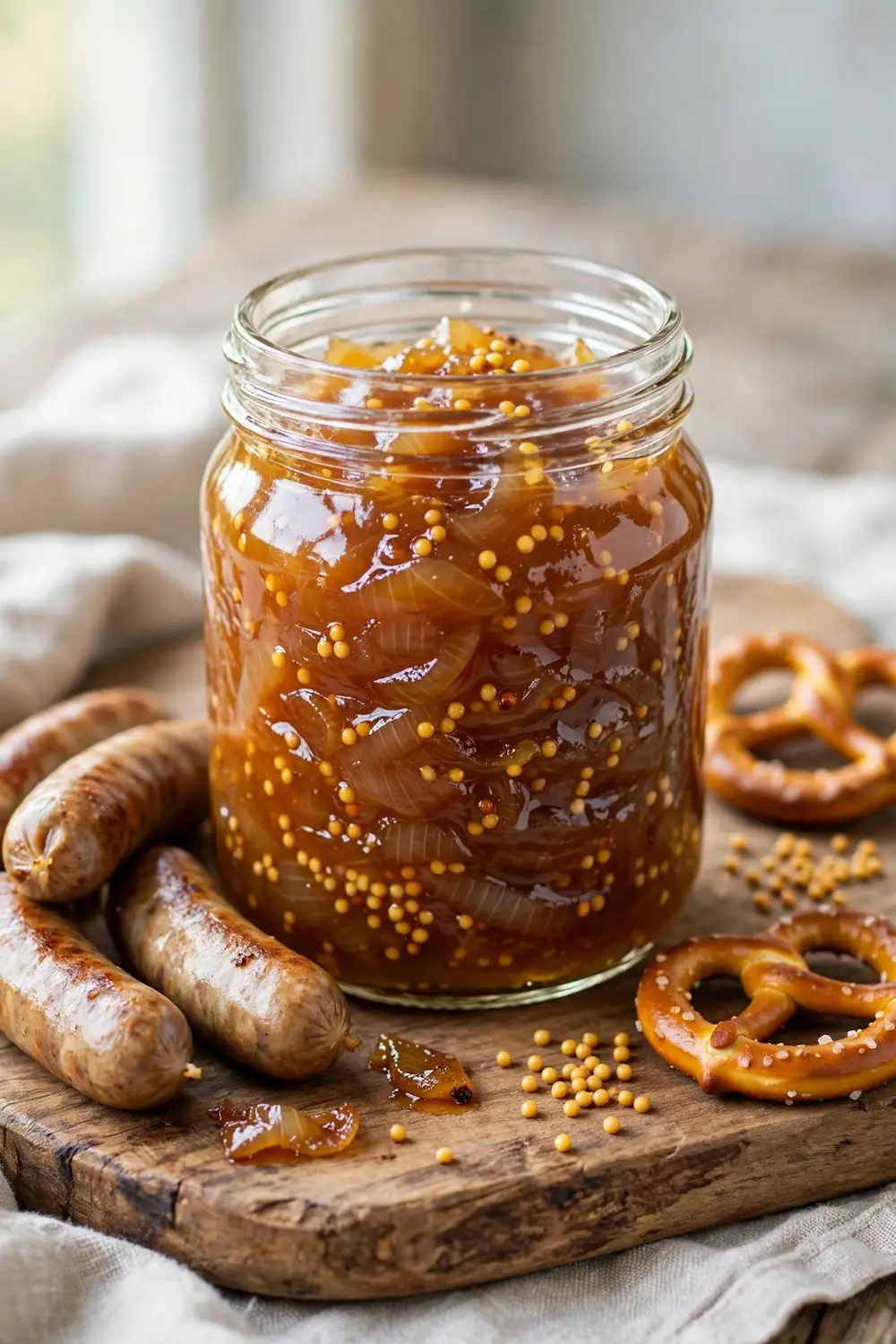 Onion jam with mustard seeds in a jar beside sausages and pretzels