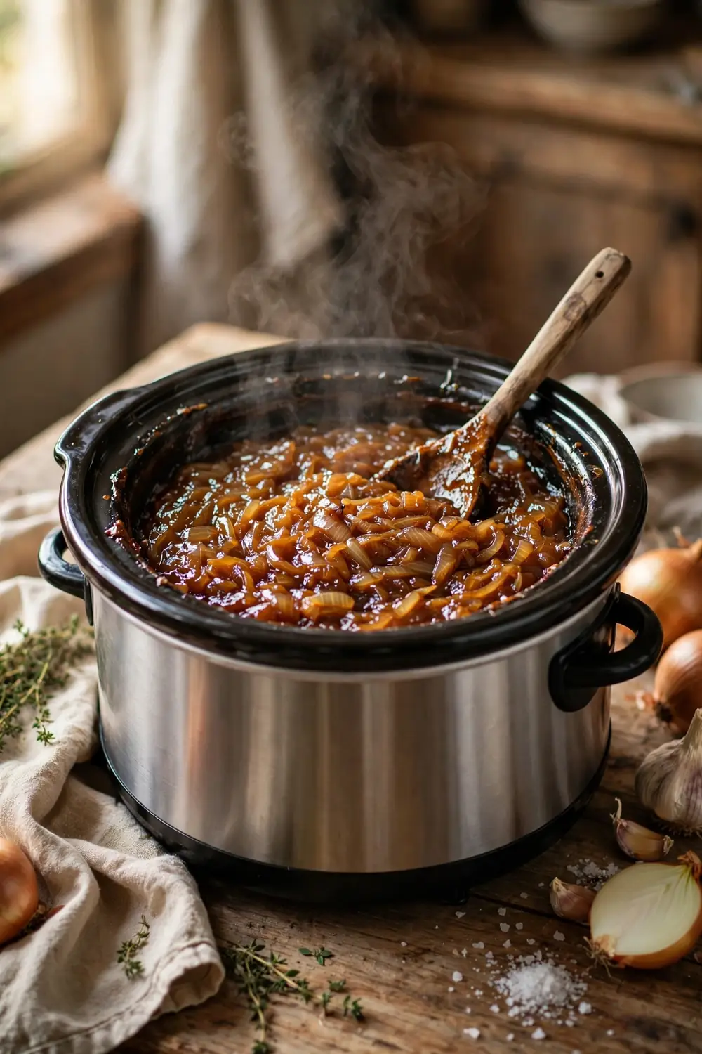 Slow cooker filled with caramelized onion jam and a wooden spoon