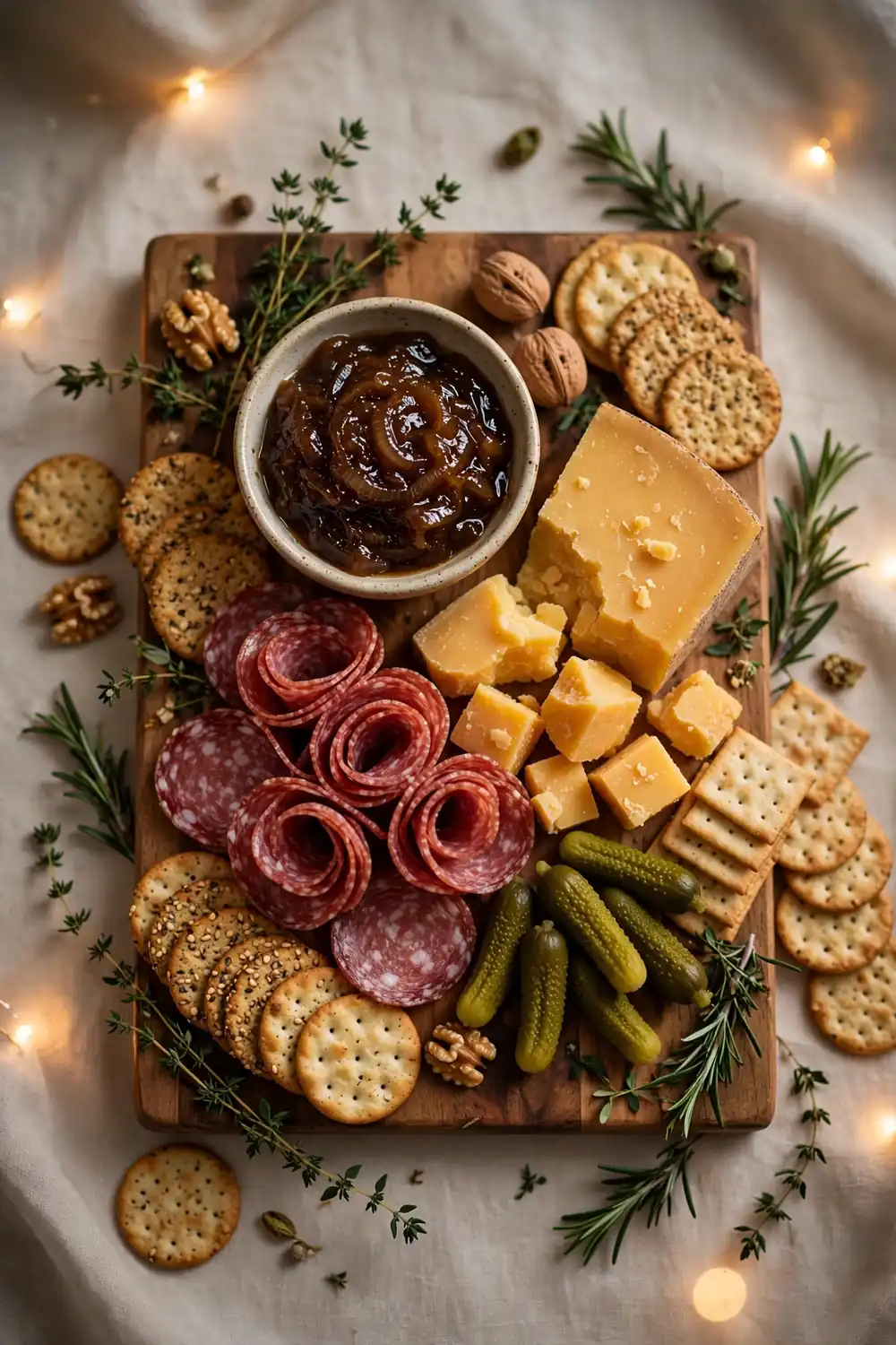Charcuterie board with a bowl of onion jam, cheese, and cured meats