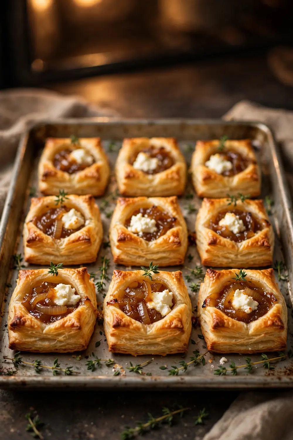 Golden puff pastry bites filled with onion jam and goat cheese