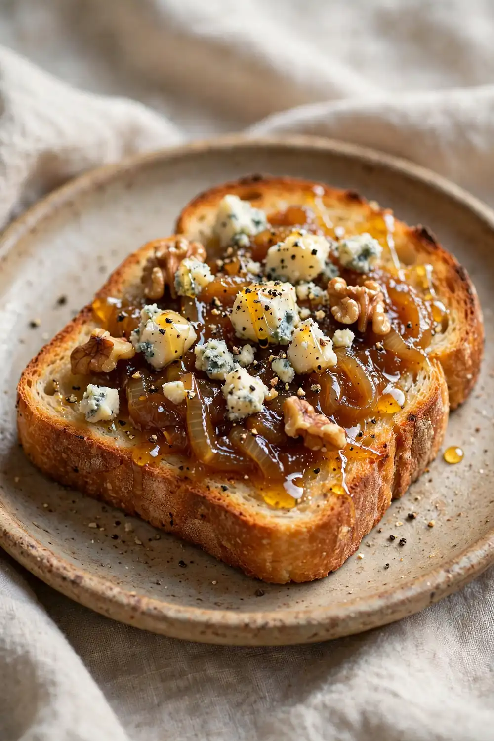 Toast with blue cheese crumbles and caramelized onion jam topping