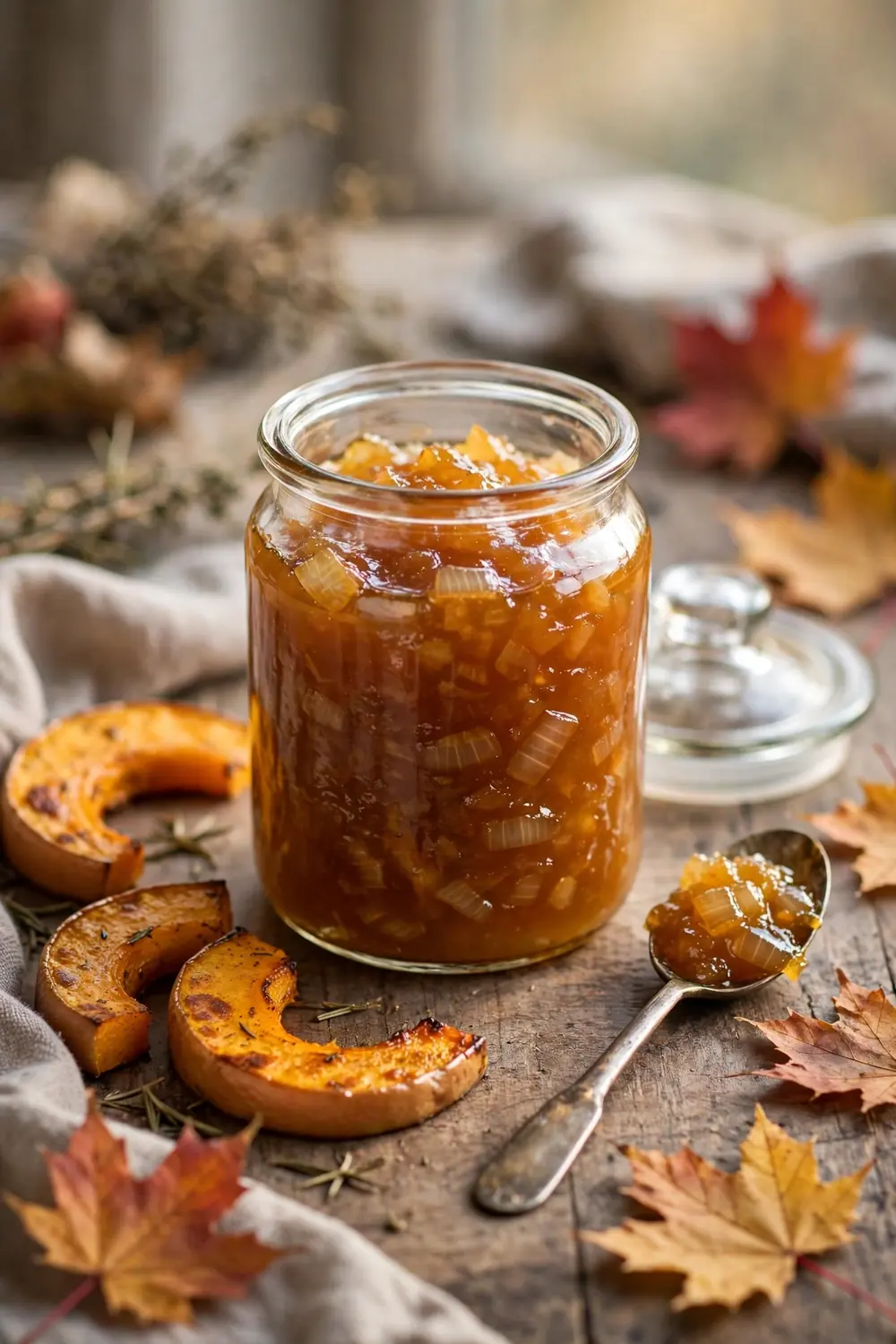 Maple onion jam in a jar with a spoon and roasted squash nearby