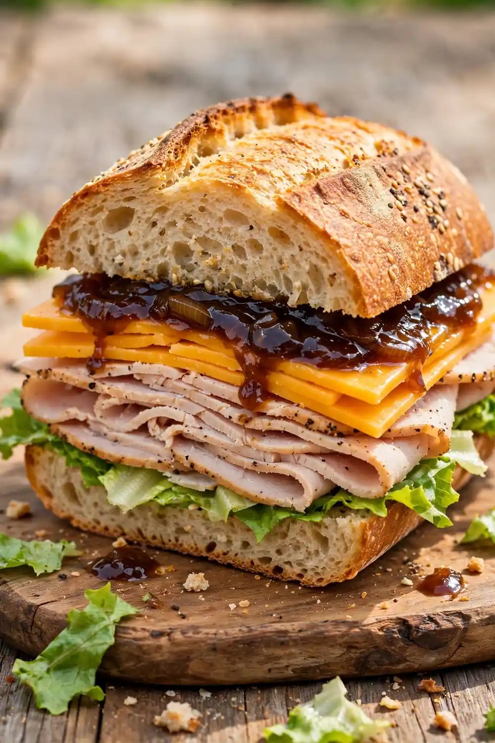 Deli sandwich layered with onion jam, turkey, and cheddar