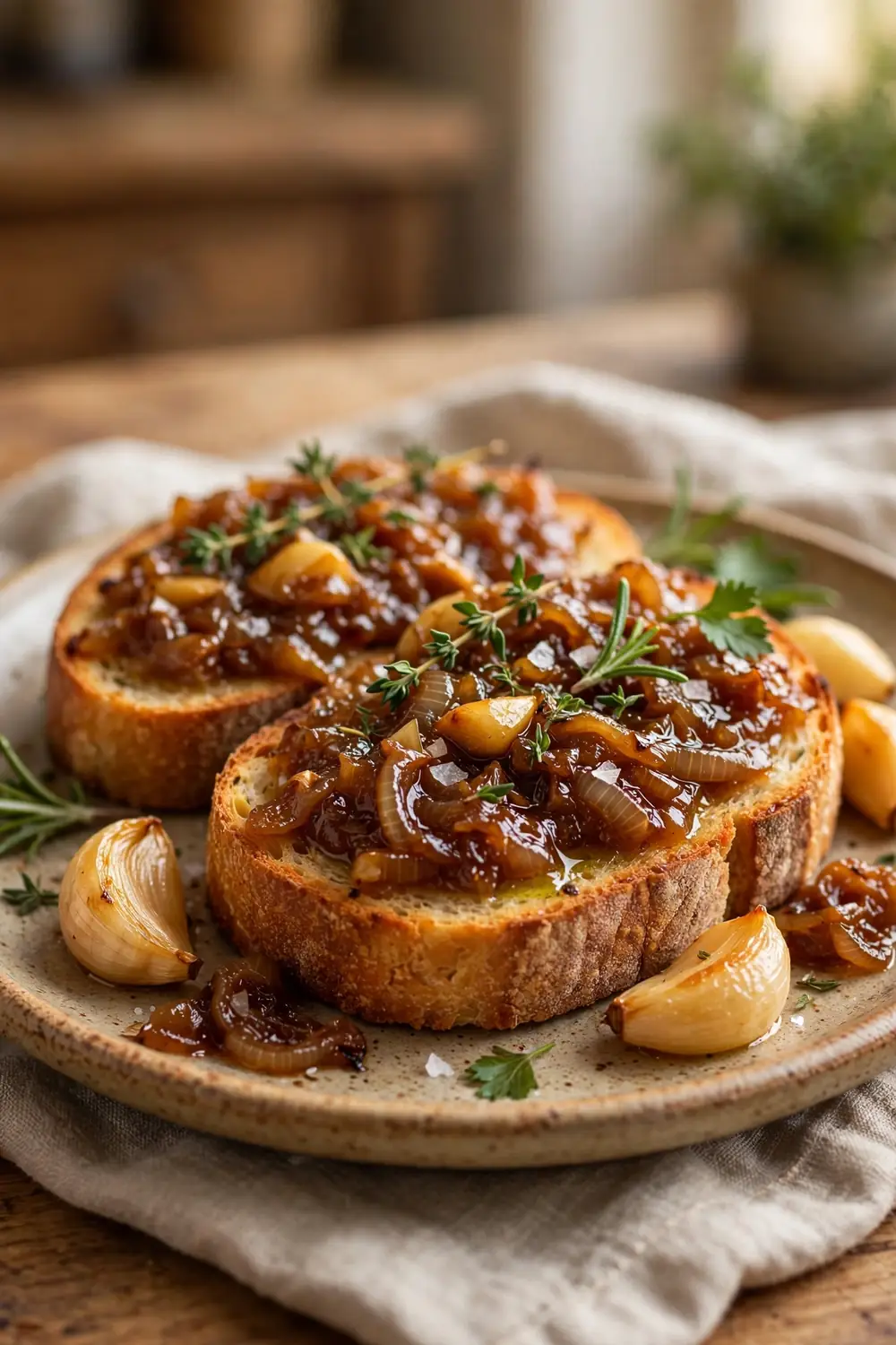 Roasted garlic and onion jam spread on thick toast slices
