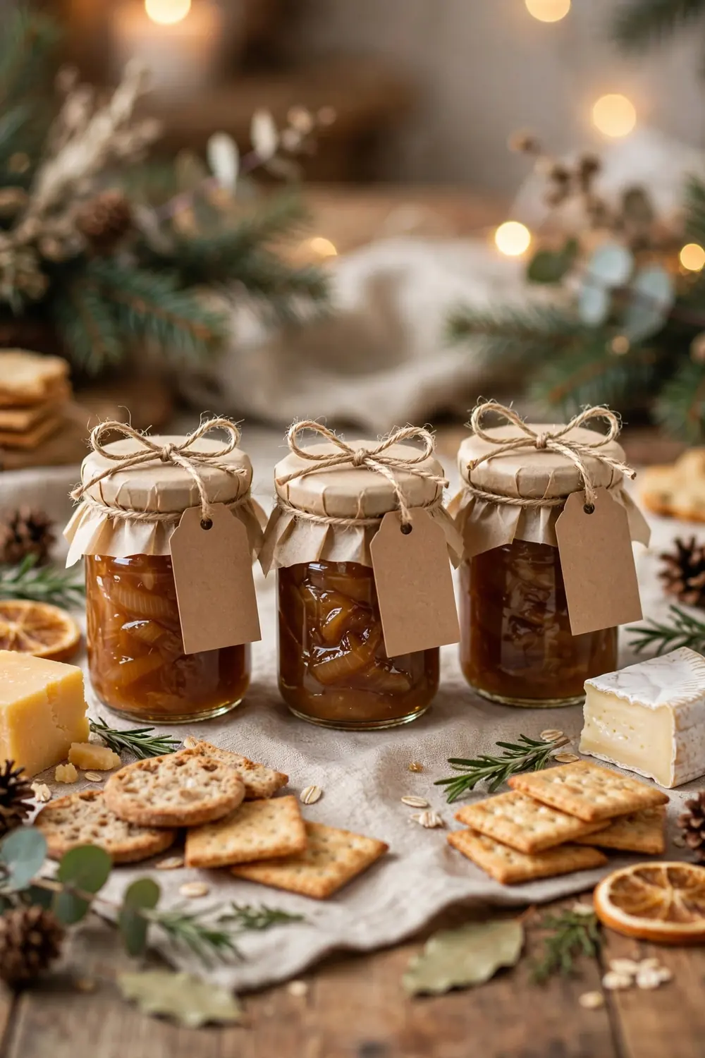 Small gift jars of onion jam with twine bows and handwritten tags