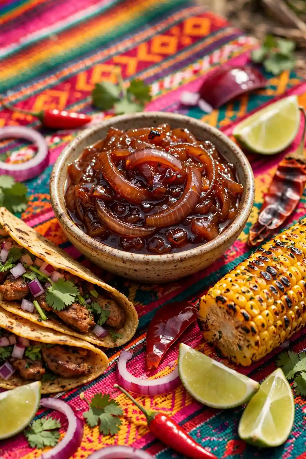Smoky chipotle onion jam in a bowl beside tacos and grilled corn