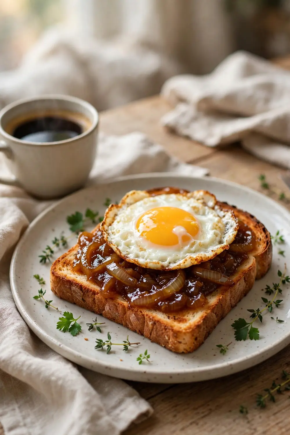 Breakfast toast with onion jam and a fried egg on a plate