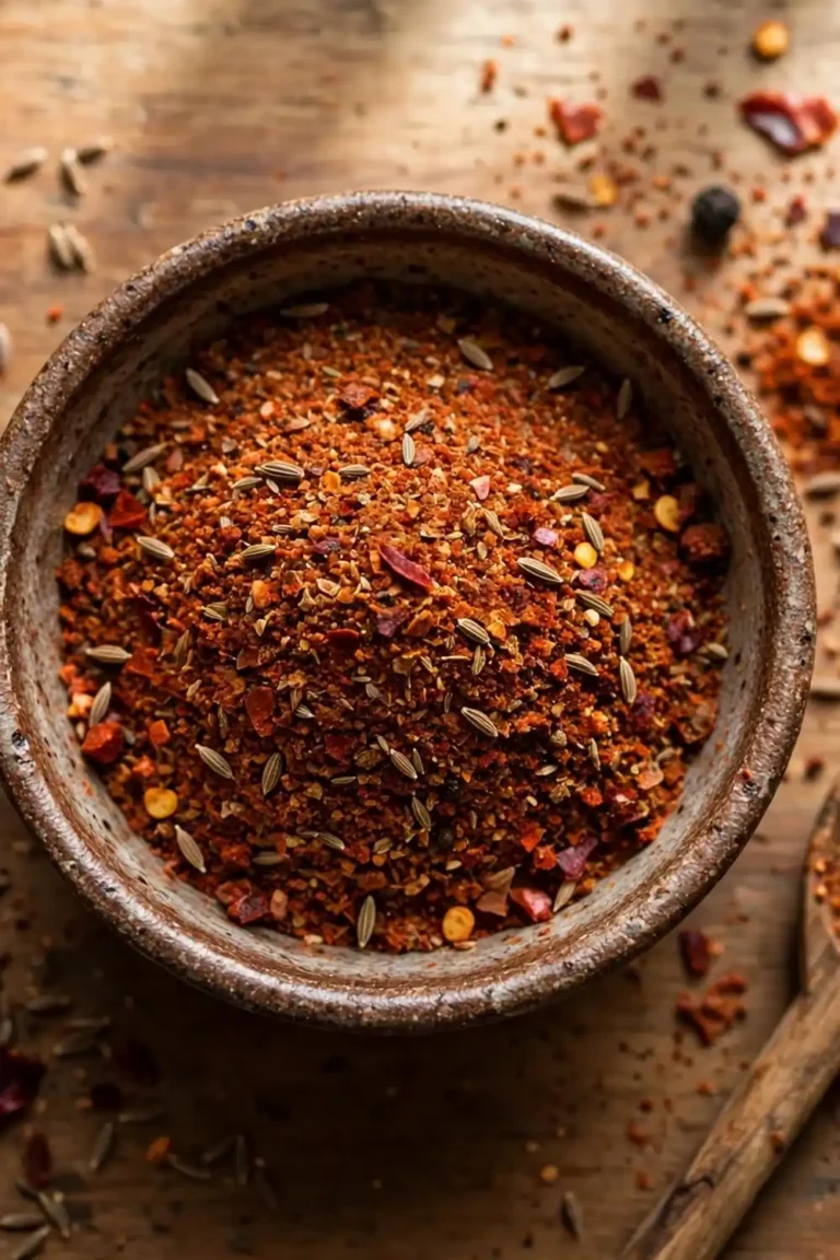 Rustic bowl of red brown taco spice blend with a wooden spoon