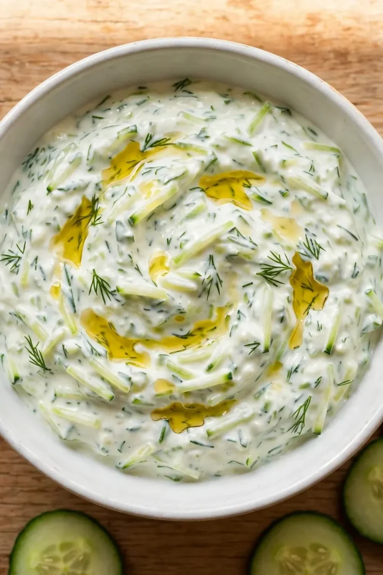 Creamy tzatziki dip with cucumber and fresh dill in a white bowl