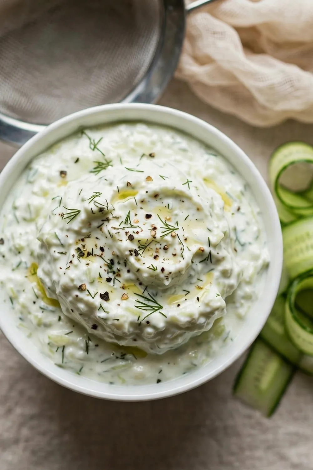 Thick strained yogurt tzatziki dip in a bowl with a spoon