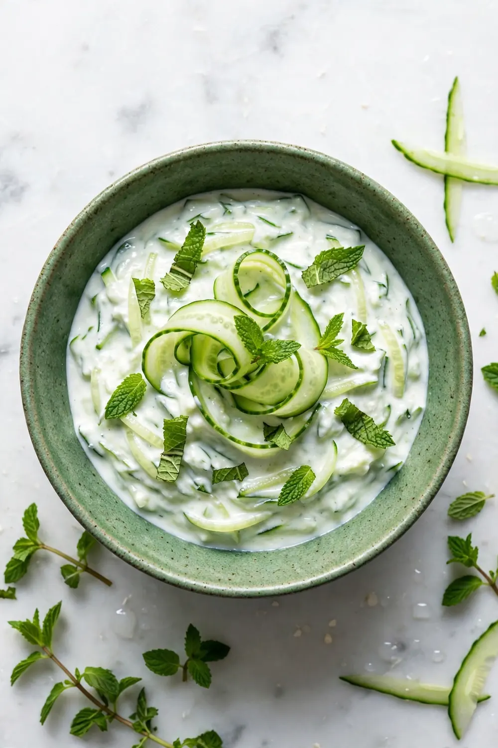 Tzatziki dip with fresh mint leaves and cucumber in a green bowl