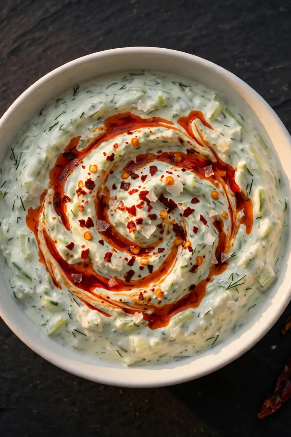 Tzatziki dip with red chili oil swirl and chili flakes on top