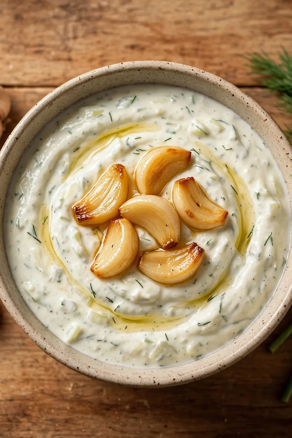 Tzatziki dip with roasted garlic cloves and herbs in a rustic bowl