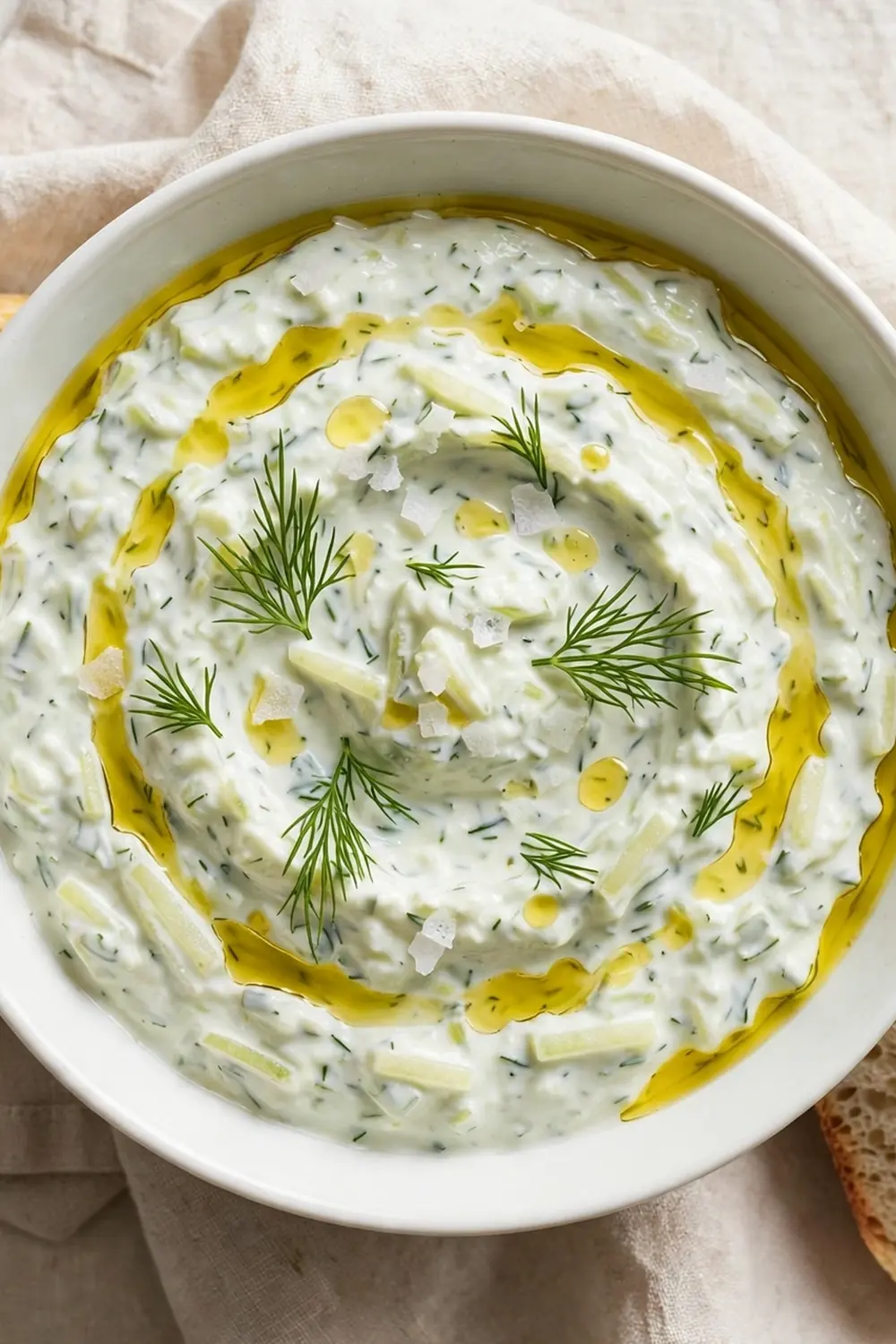 Tzatziki dip with golden olive oil ring and herbs in a white bowl