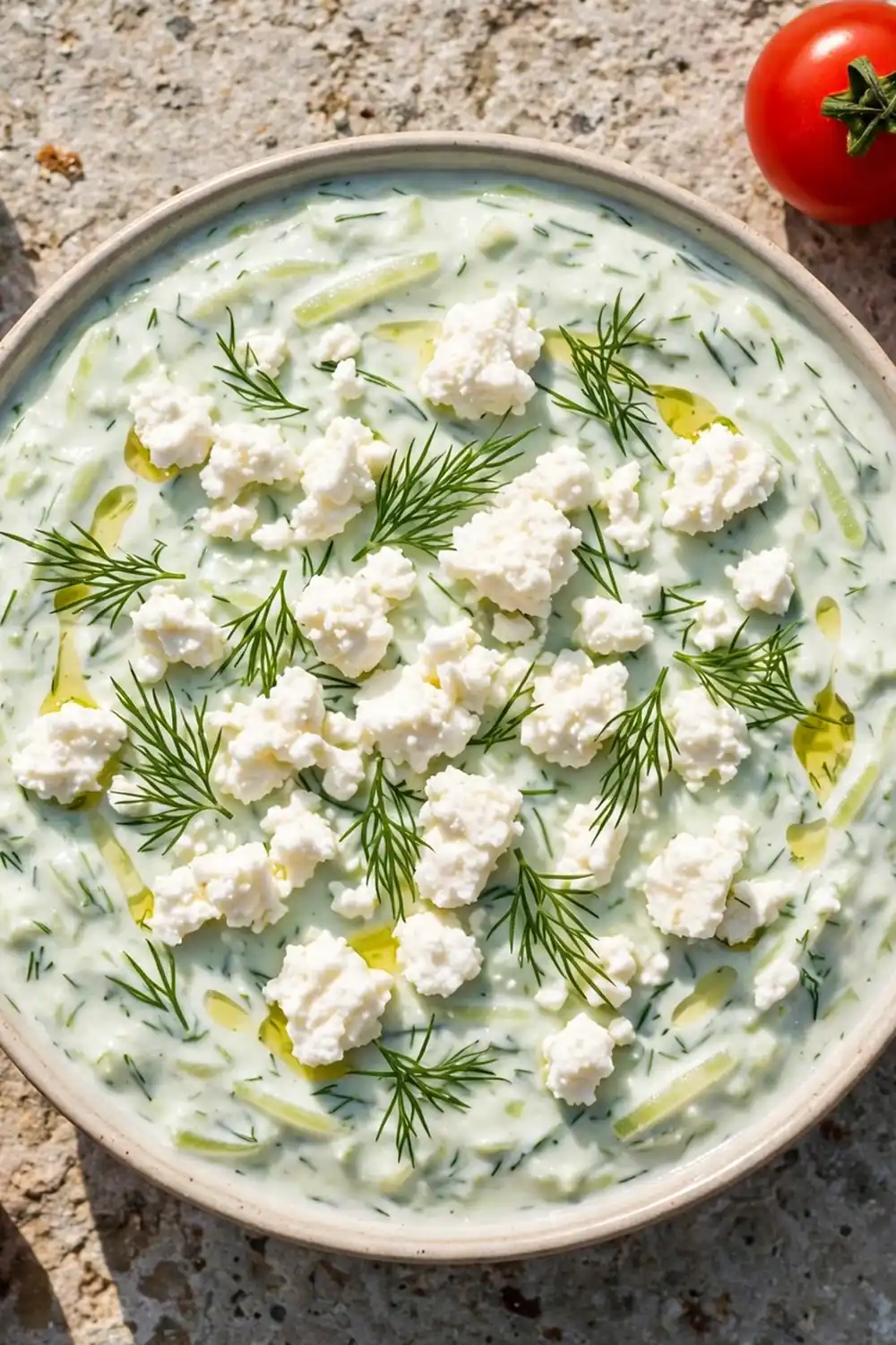 Tzatziki dip topped with crumbled feta cheese and dill
