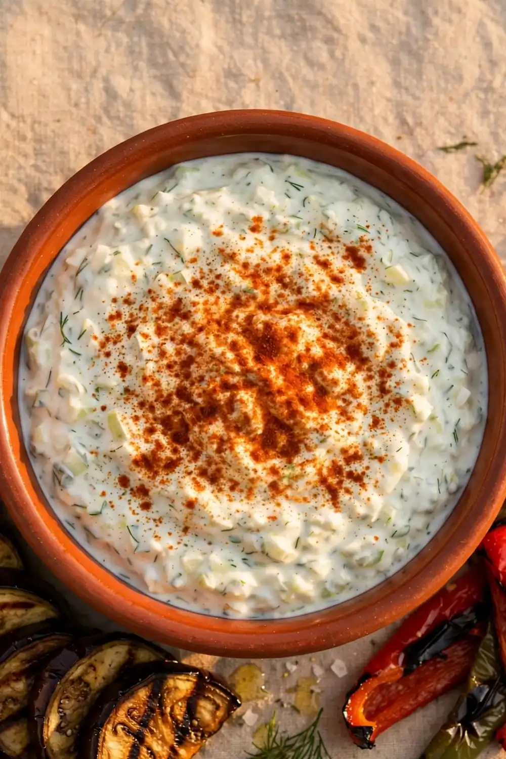 Tzatziki dip dusted with smoked paprika in a terracotta bowl