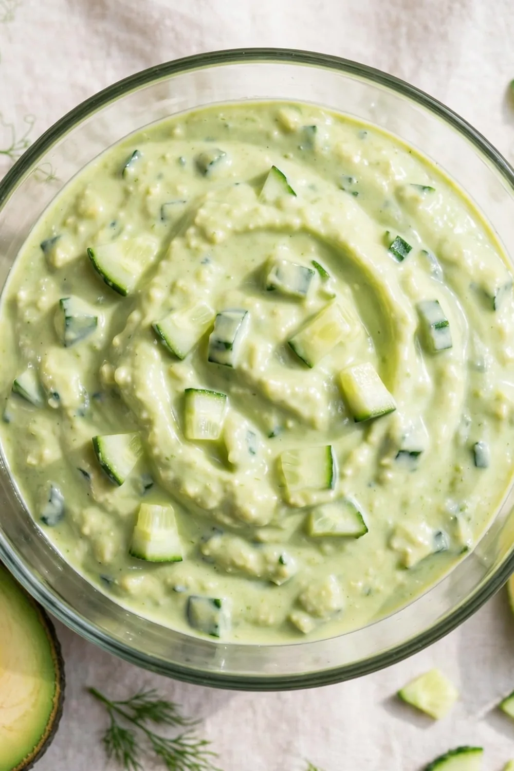 Pale green avocado tzatziki dip with cucumber and dill