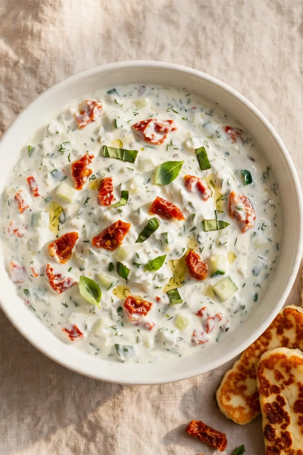 Tzatziki dip with sun dried tomato pieces and basil leaves