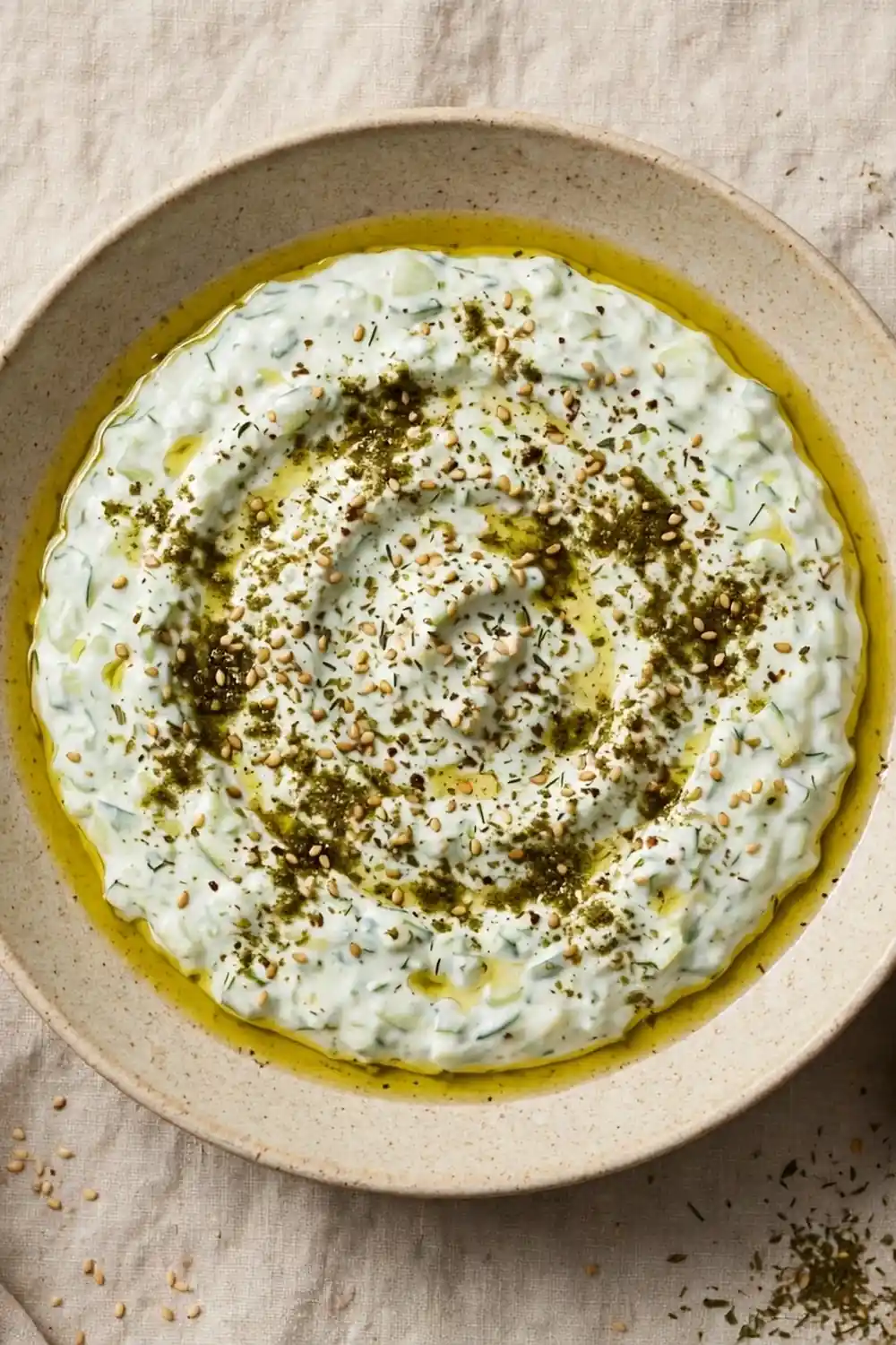 Tzatziki dip dusted with zaatar seasoning and sesame seeds