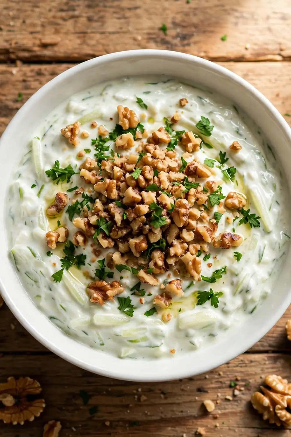 Tzatziki dip topped with chopped toasted walnuts and parsley