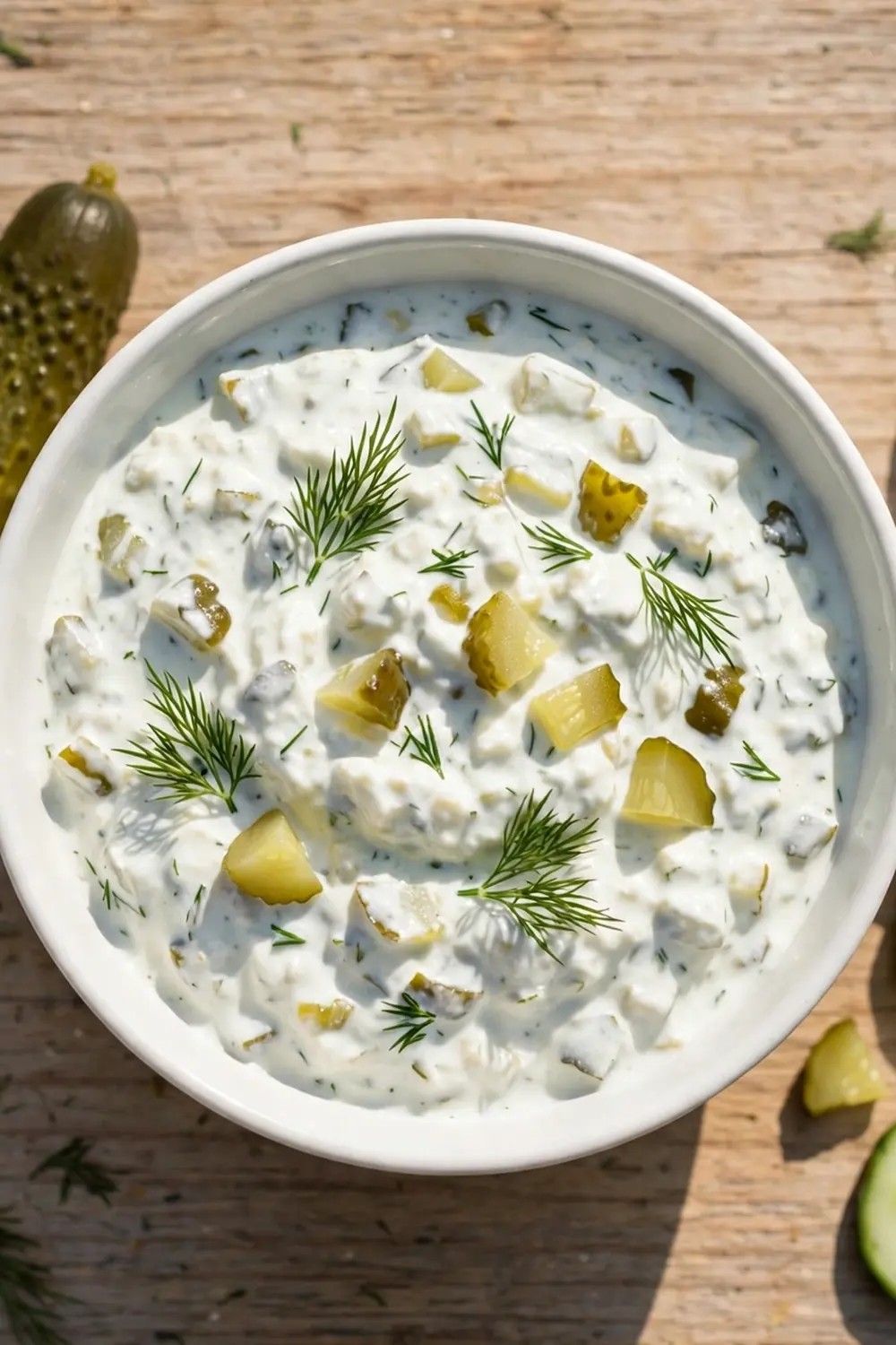 Tzatziki dip with chopped dill pickles and fresh dill