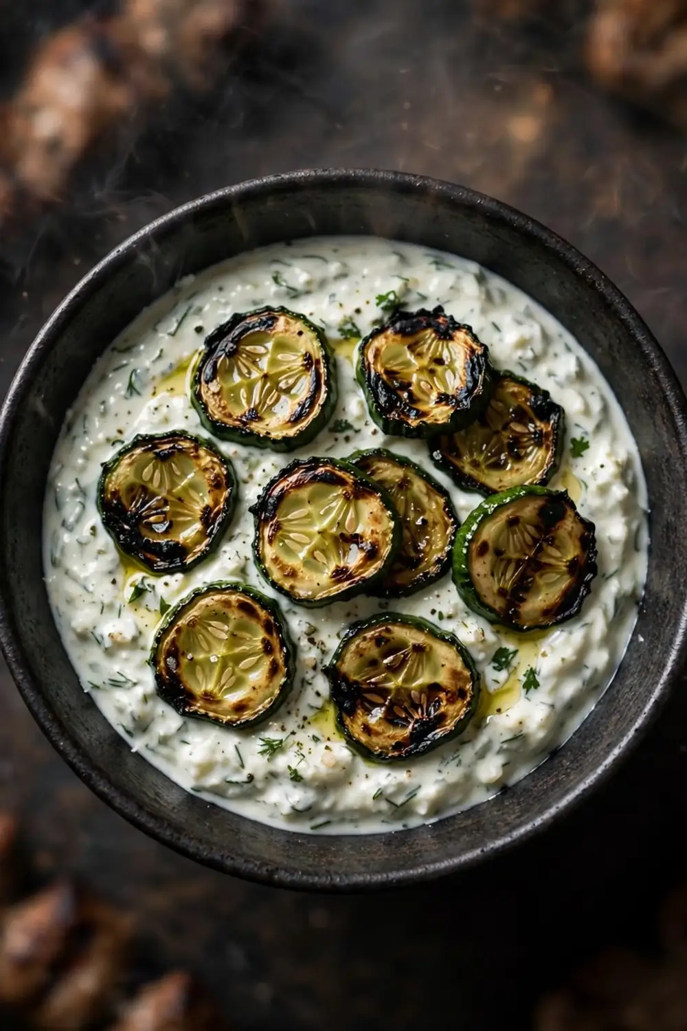 Tzatziki dip with charred cucumber slices and smoky herbs