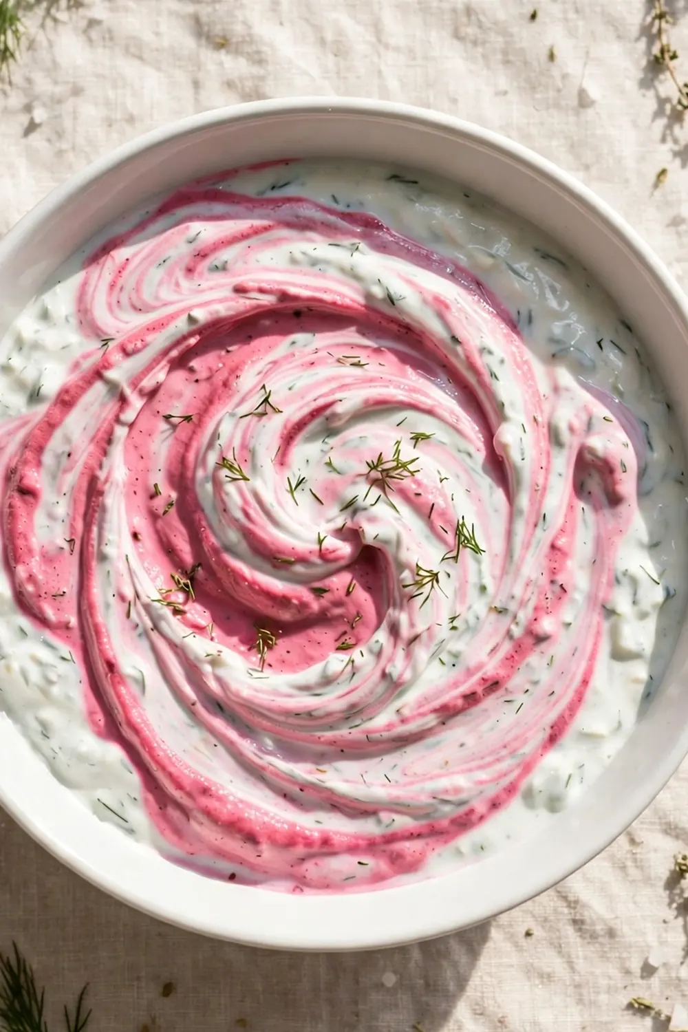 White tzatziki dip swirled with pink beet ribbons in a bowl