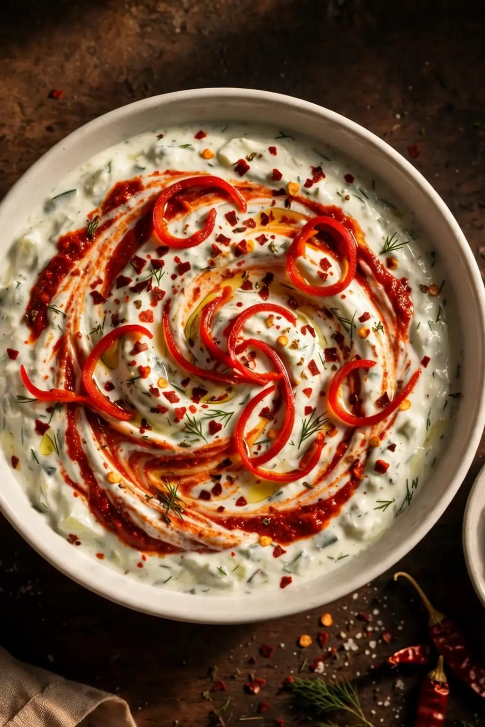 Tzatziki dip with red harissa swirl and chili flakes