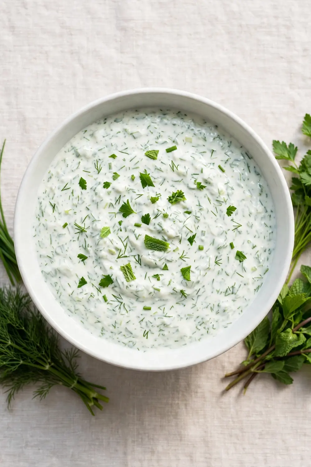 Tzatziki dip with mixed fresh herbs, dill, mint, and parsley