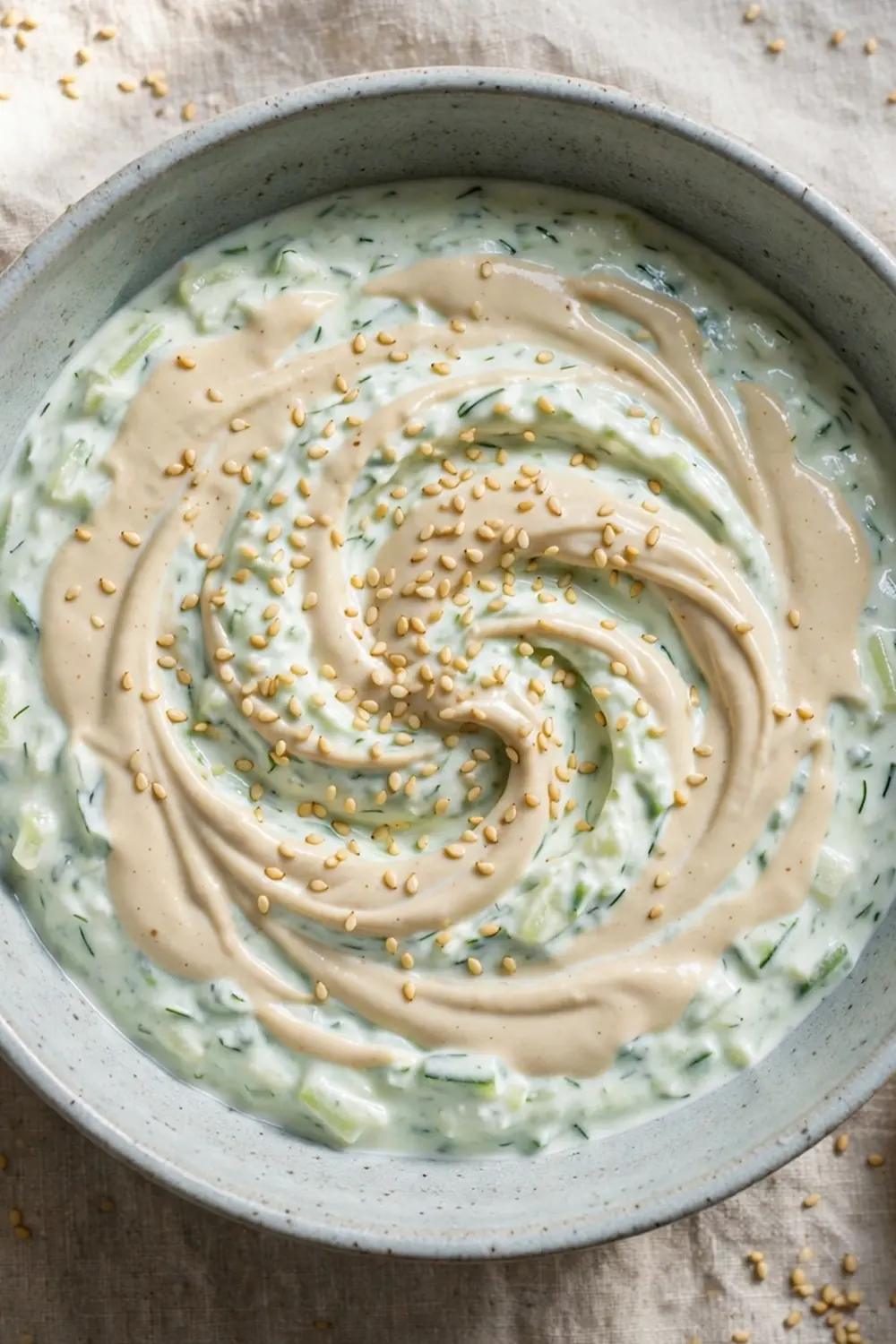 Tzatziki dip swirled with tahini and sesame seeds in a bowl