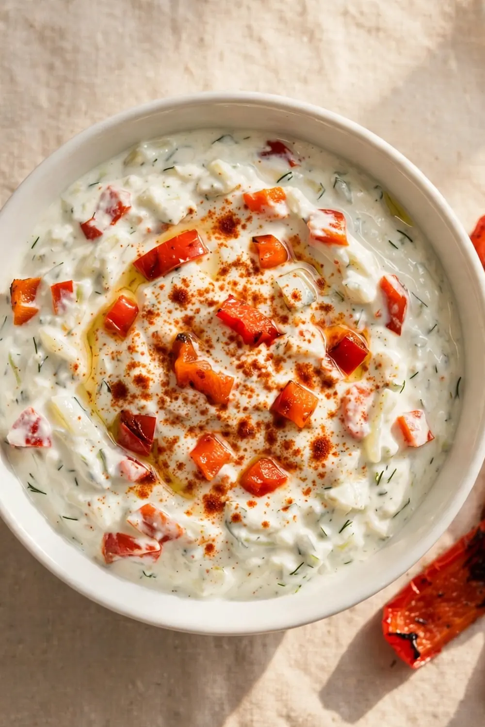 Tzatziki dip with roasted red pepper flecks and herbs