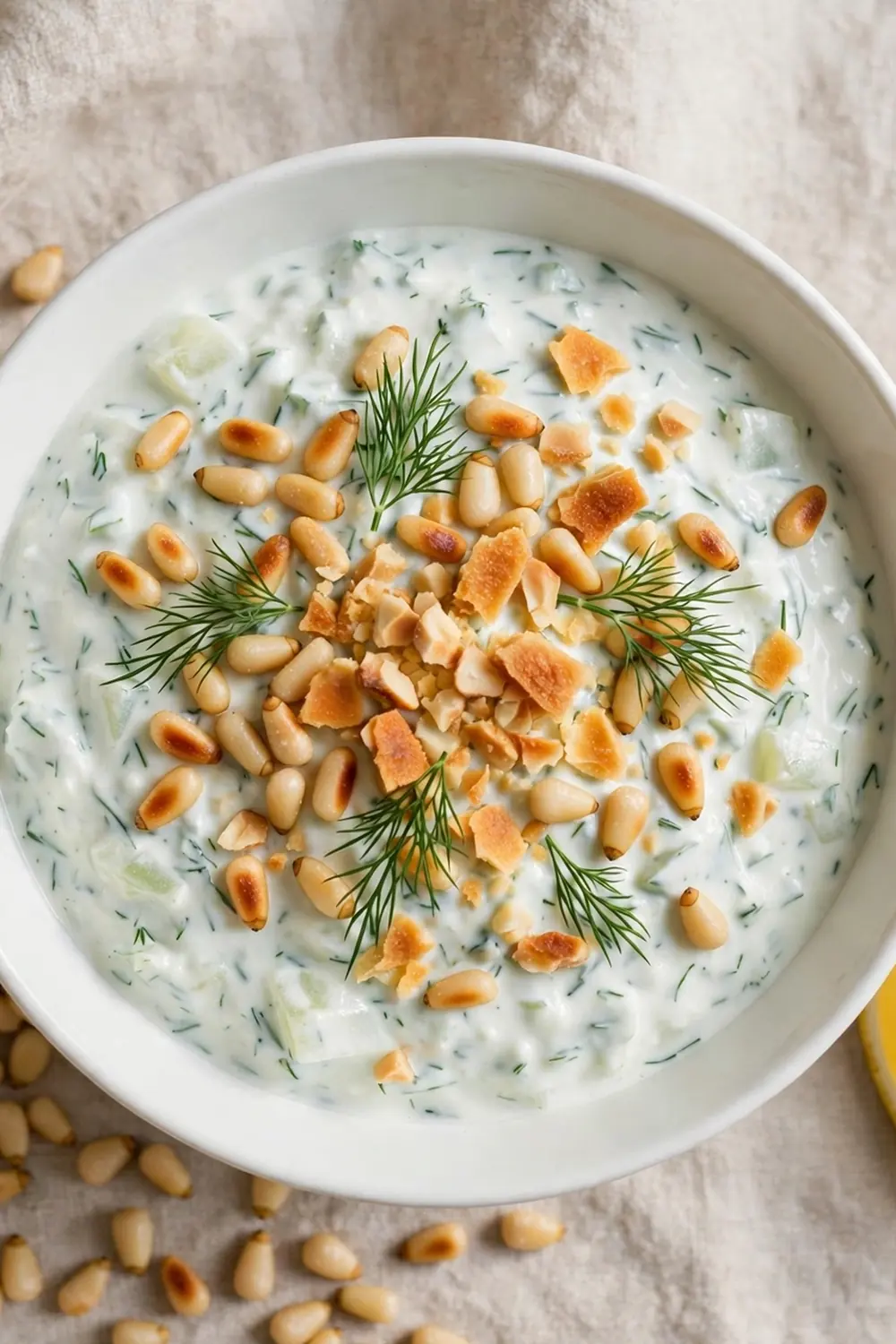 Tzatziki dip topped with golden toasted pine nuts and dill
