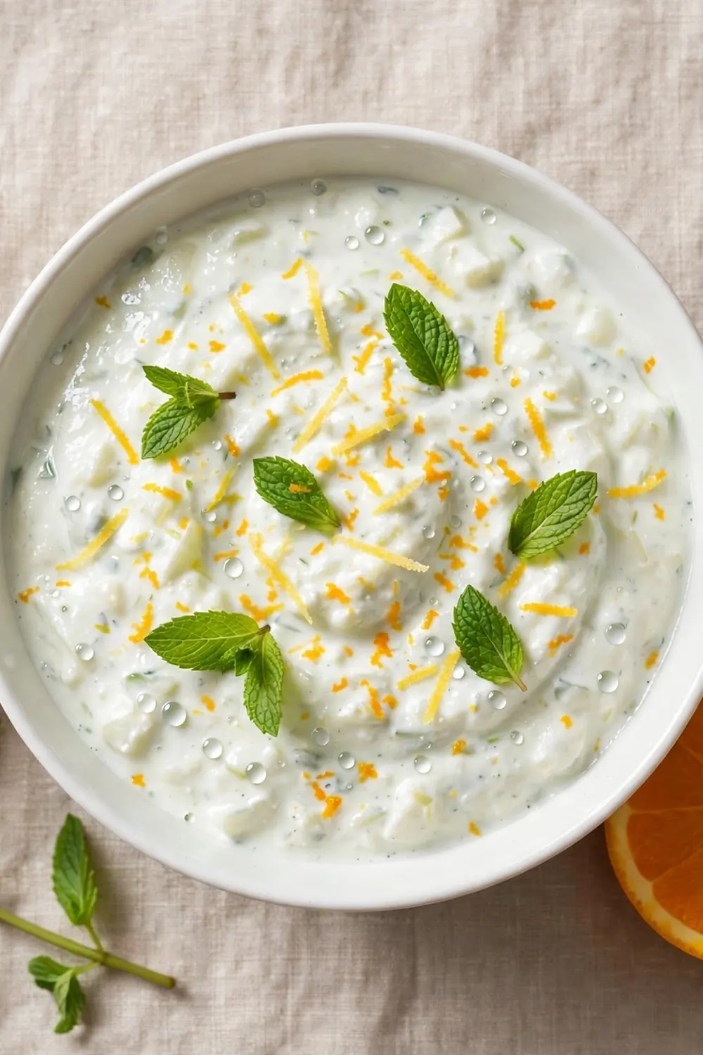 Tzatziki dip with lemon and orange zest and mint leaves