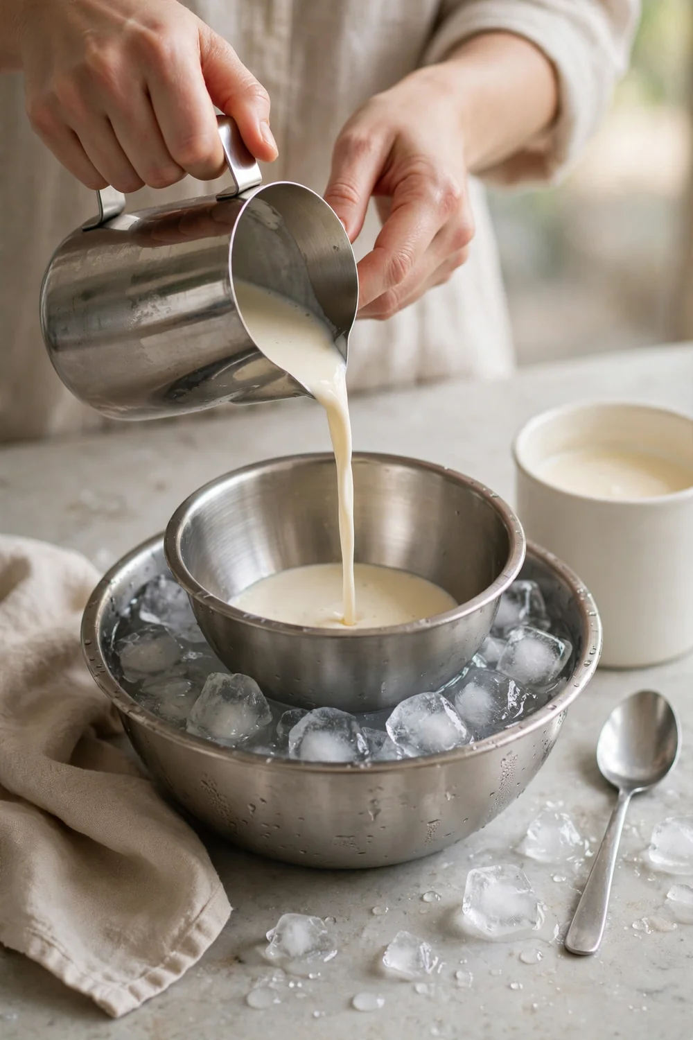Pouring chilled ice cream base into a metal bowl set over ice