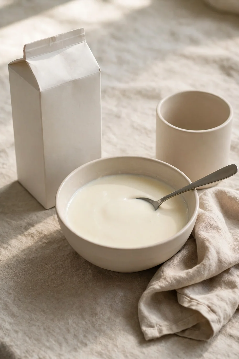 Carton of heavy cream beside a bowl of smooth ice cream base