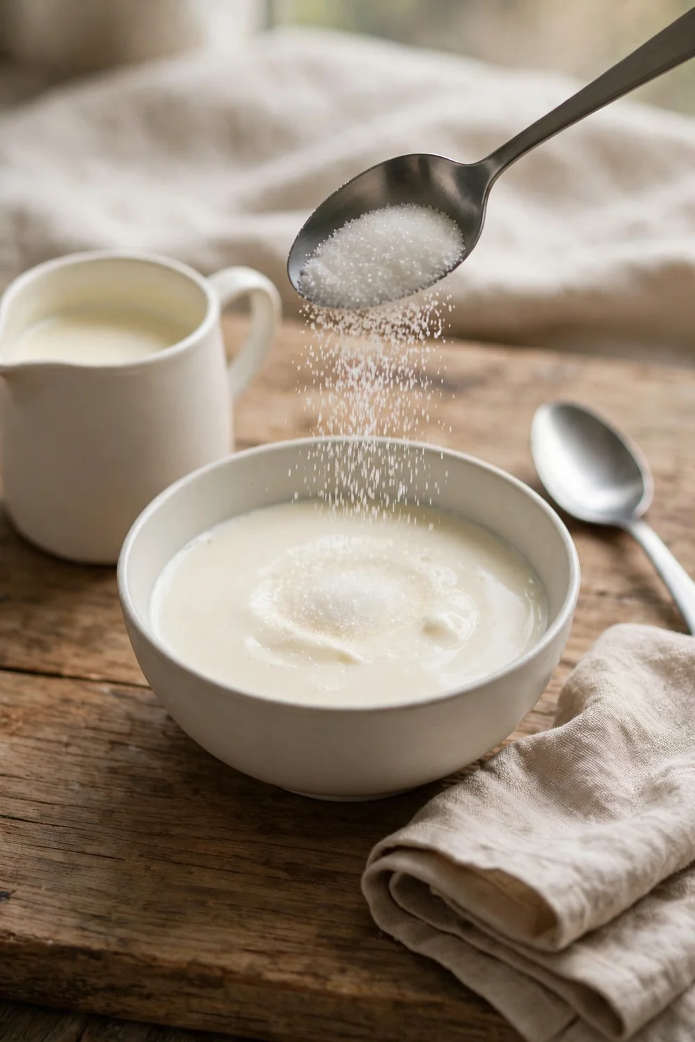 Spoon adding sugar to a bowl of ice cream base