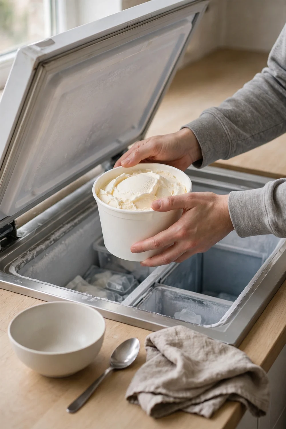 Placing a container of fresh ice cream into a freezer