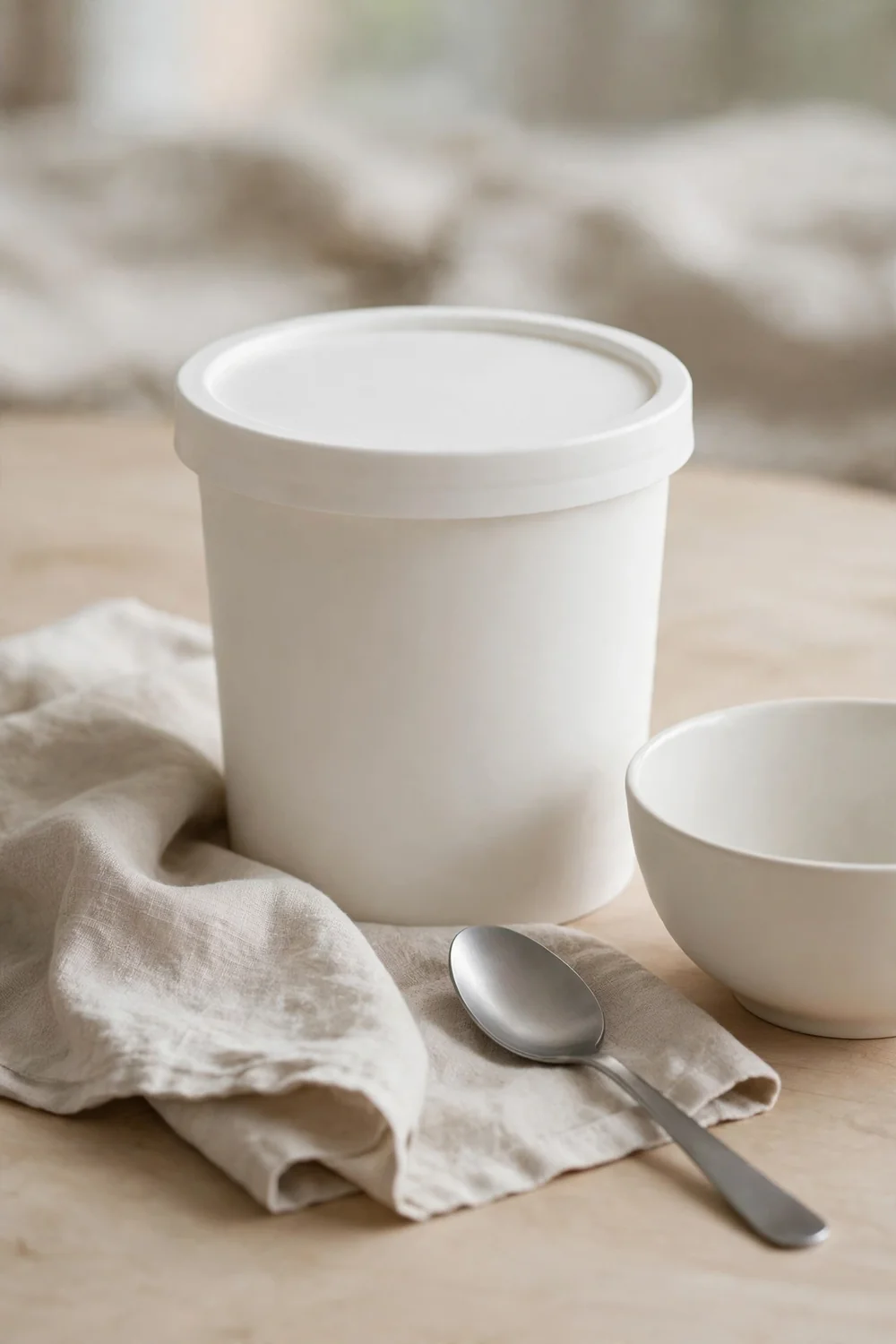 Airtight container of smooth ice cream with a tight lid