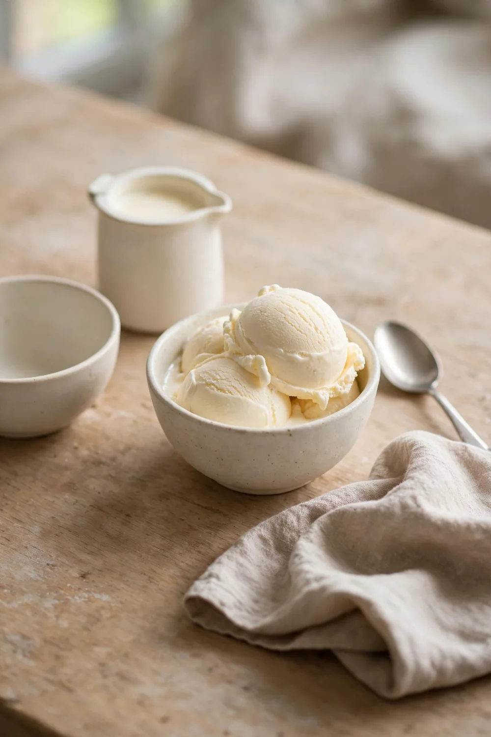 Single small bowl of ice cream on a table