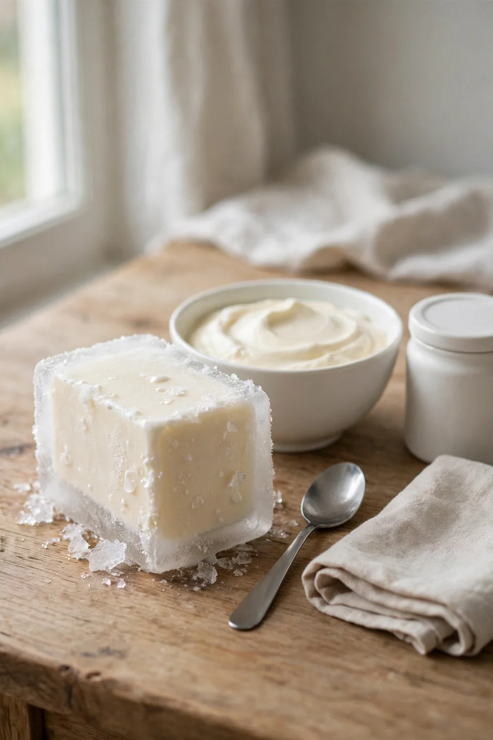 Hard icy block of ice cream beside a bowl of cream