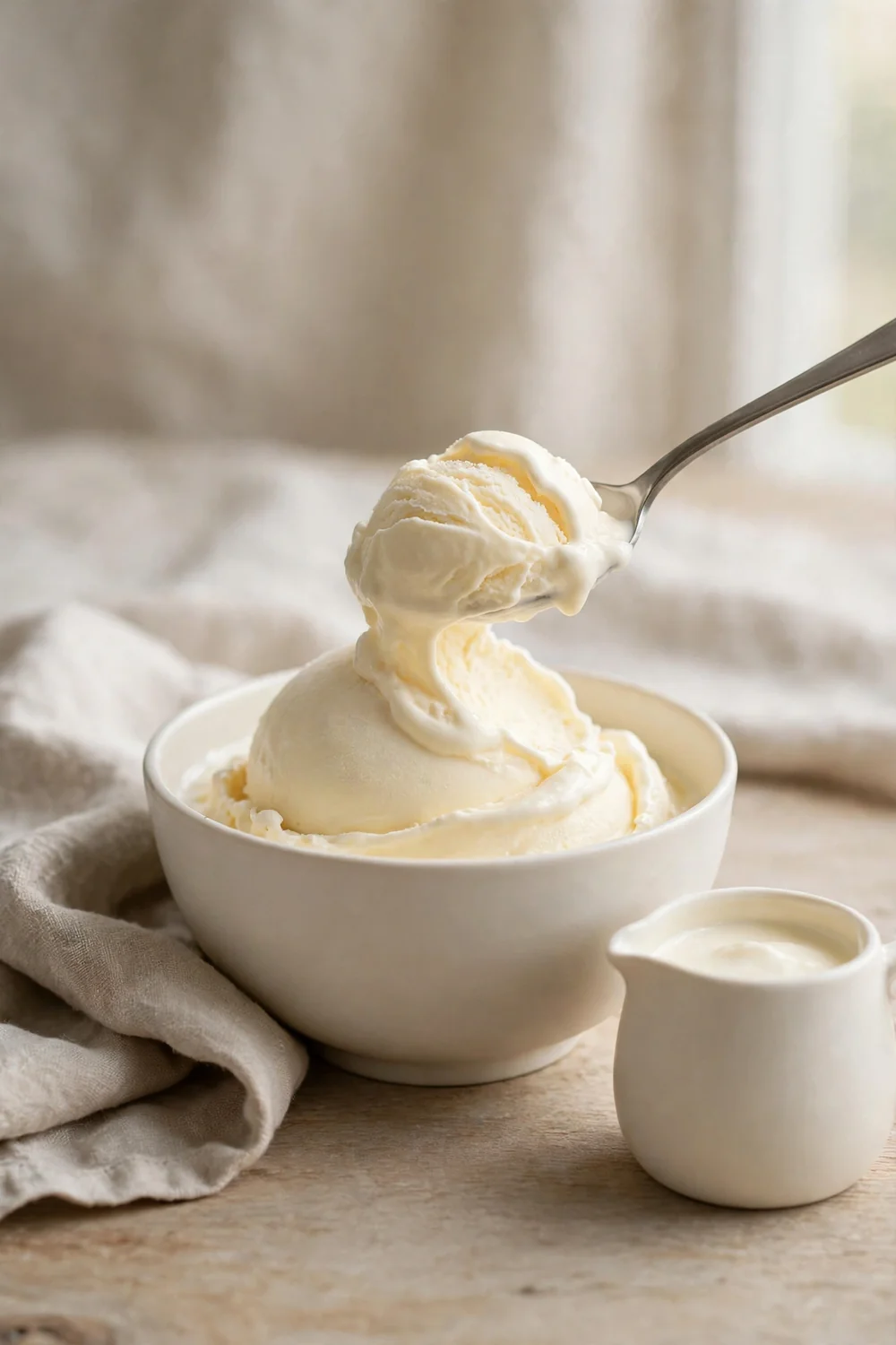 Smooth creamy ice cream in a bowl with a spoon lifting a soft scoop