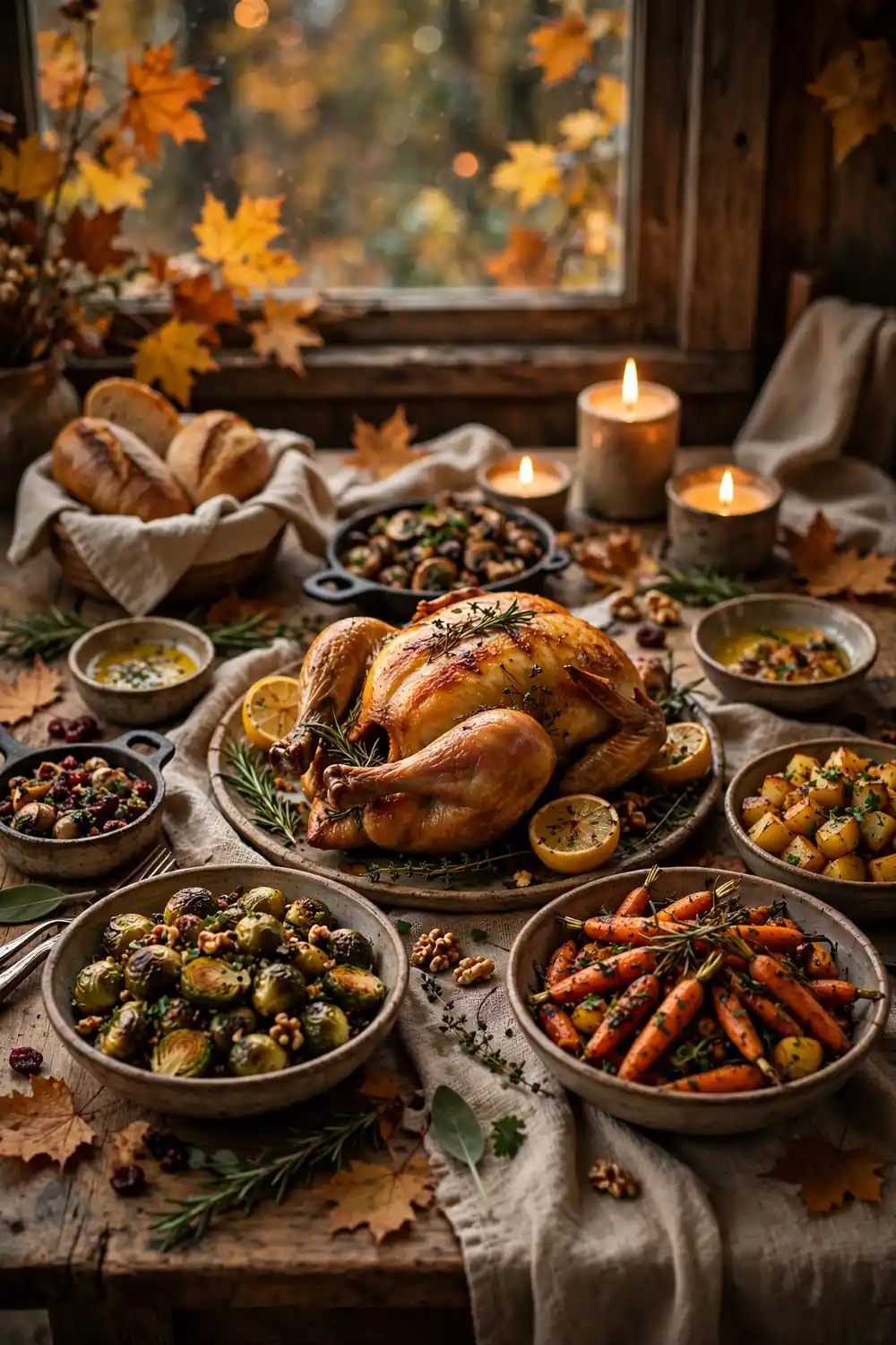 Cozy autumn Sunday dinner table with roast chicken and side dishes