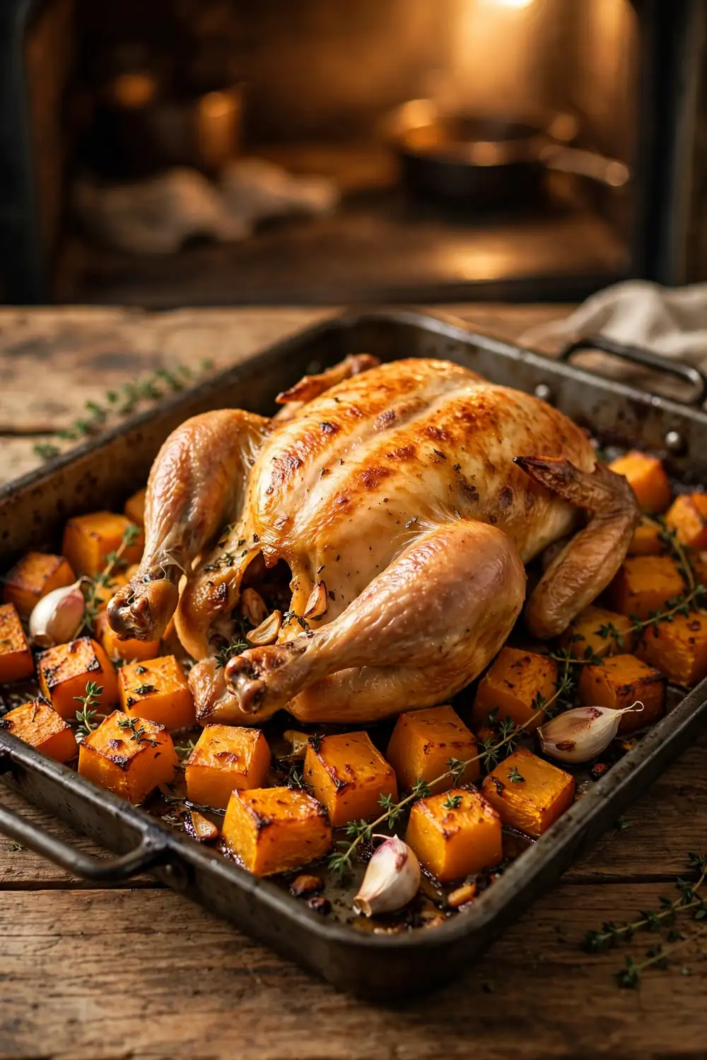 Roasted whole chicken over caramelized butternut squash in a roasting pan