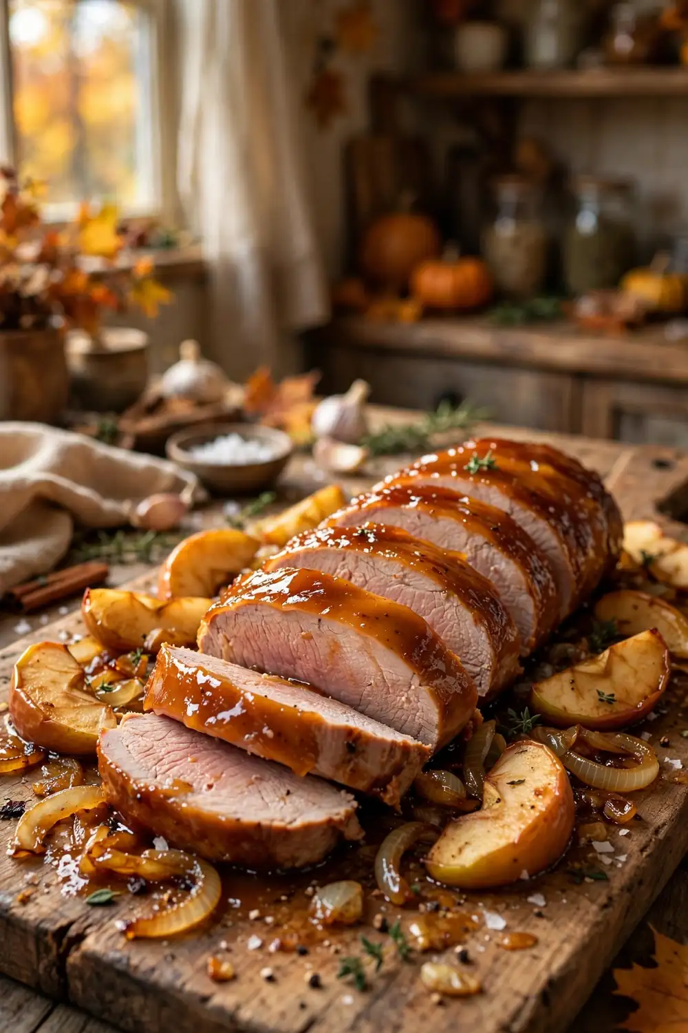 Apple cider glazed pork tenderloin sliced with roasted apples and onions