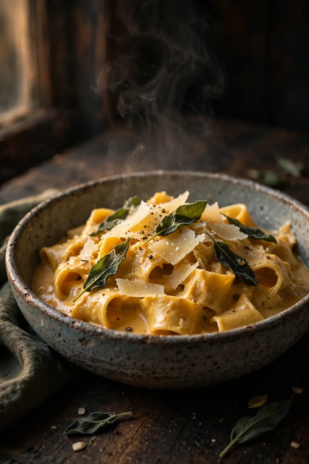 Creamy pumpkin sage pasta with crispy sage leaves and parmesan
