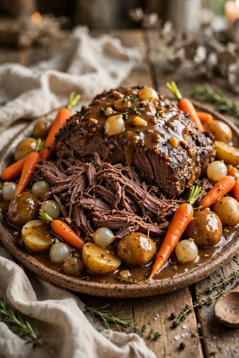 Slow cooker beef pot roast with carrots and potatoes in rich gravy
