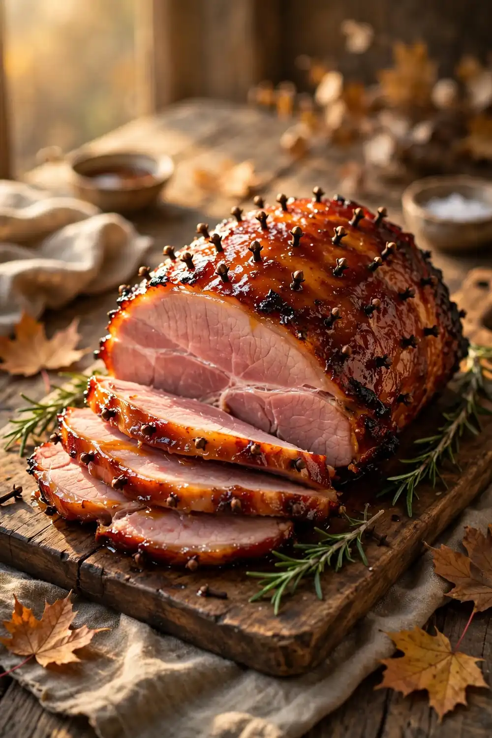 Maple glazed baked ham with caramelized edges on a wooden board